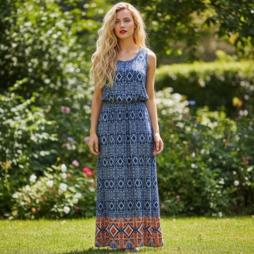 Magic Blue and Orange Geometric Print Sleeveless Jersey Knit Maxi Dress